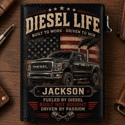 Personalized Diesel Life Pop-Up Wallet – Custom Name RFID Blocking Slim Leather Wallet, Diesel Truck Lover Gift for Dad, Husband & Pickup Enthusiasts