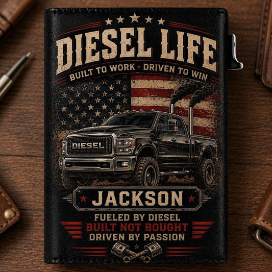 Personalized Diesel Life Pop-Up Wallet – Custom Name RFID Blocking Slim Leather Wallet, Diesel Truck Lover Gift for Dad, Husband & Pickup Enthusiasts