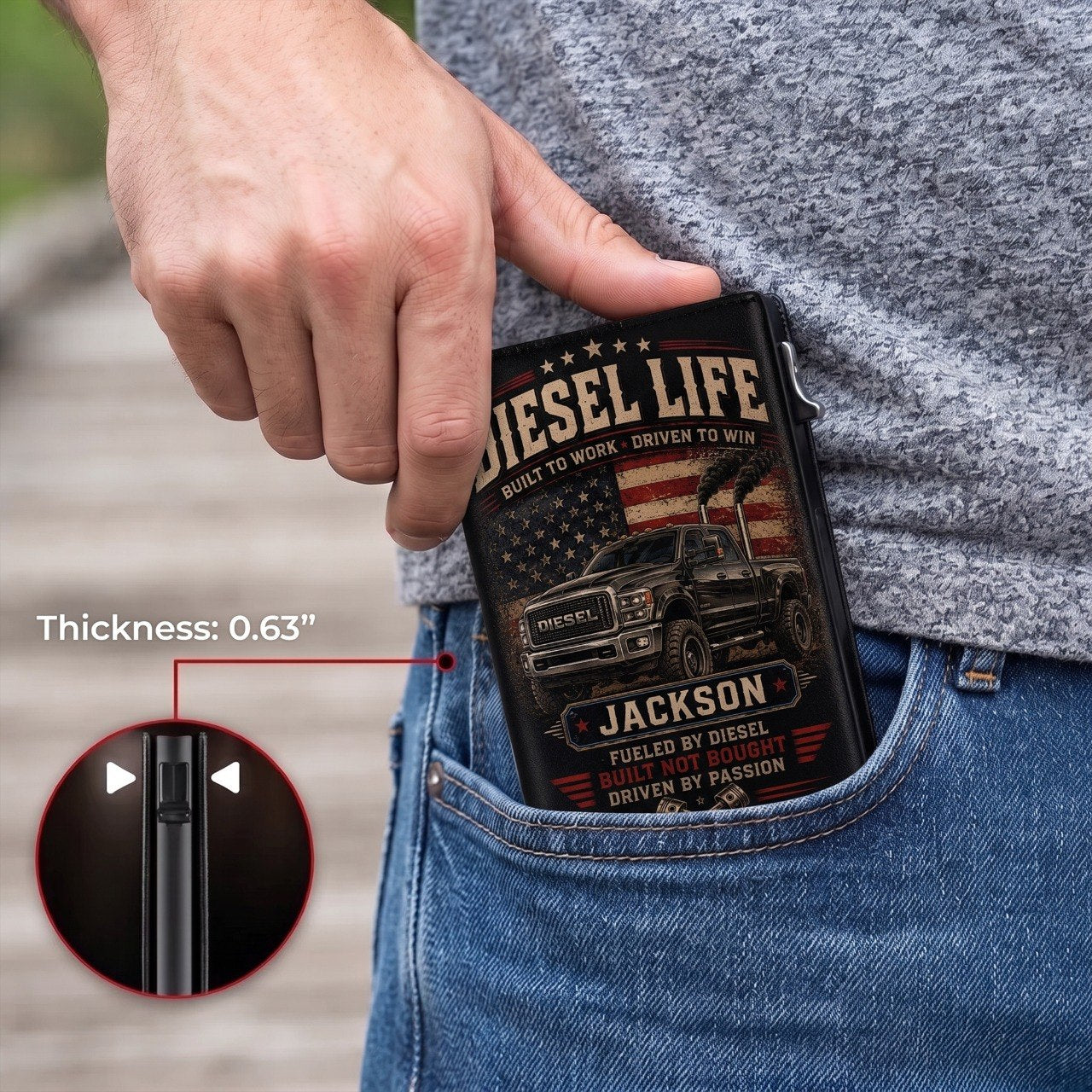 Personalized Diesel Life Pop-Up Wallet – Custom Name RFID Blocking Slim Leather Wallet, Diesel Truck Lover Gift for Dad, Husband & Pickup Enthusiasts