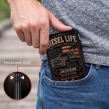 Personalized Diesel Life Pop-Up Wallet – Custom Name RFID Blocking Slim Leather Wallet, Diesel Truck Lover Gift for Dad, Husband & Pickup Enthusiasts