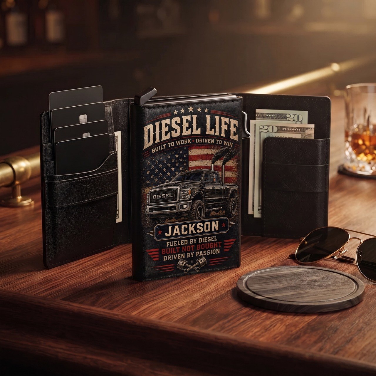 Personalized Diesel Life Pop-Up Wallet – Custom Name RFID Blocking Slim Leather Wallet, Diesel Truck Lover Gift for Dad, Husband & Pickup Enthusiasts