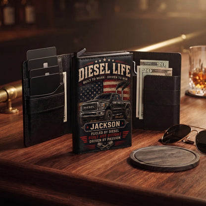 Personalized Diesel Life Pop-Up Wallet – Custom Name RFID Blocking Slim Leather Wallet, Diesel Truck Lover Gift for Dad, Husband & Pickup Enthusiasts