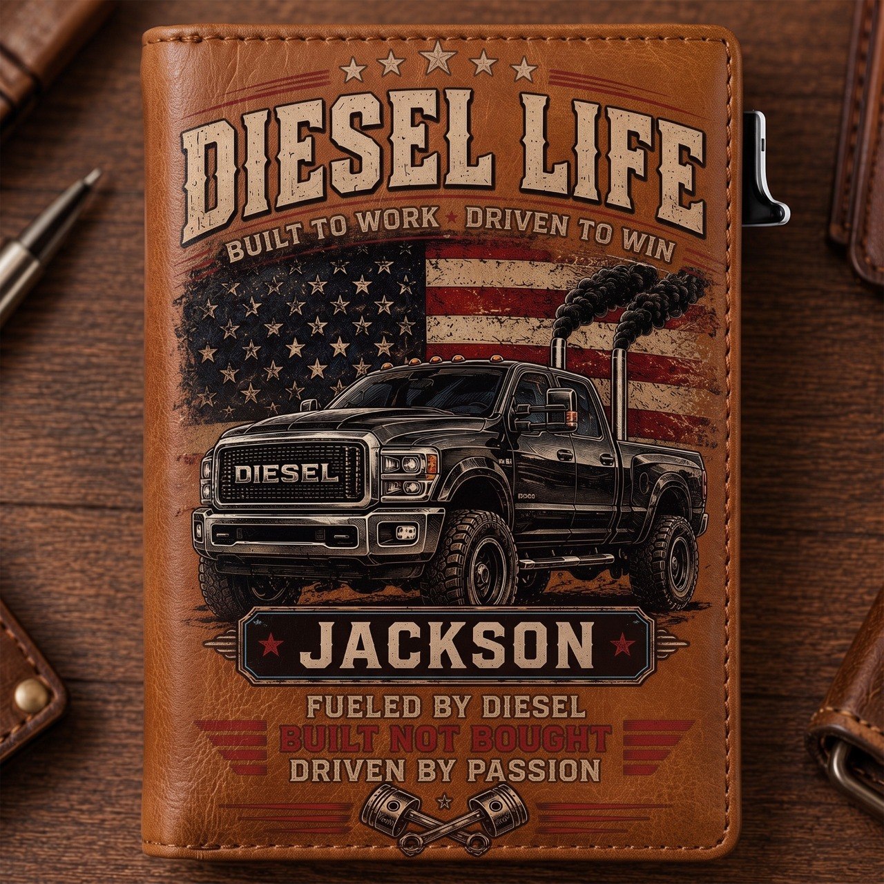 Personalized Diesel Life Pop-Up Wallet – Custom Name RFID Blocking Slim Leather Wallet, Diesel Truck Lover Gift for Dad, Husband & Pickup Enthusiasts