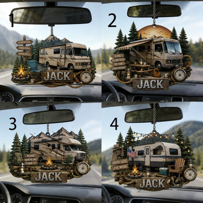 Personalized RV Adventure Car Ornament – Custom Name 3D Effect Acrylic Rearview Mirror Hanging Pendant, Camper Gift