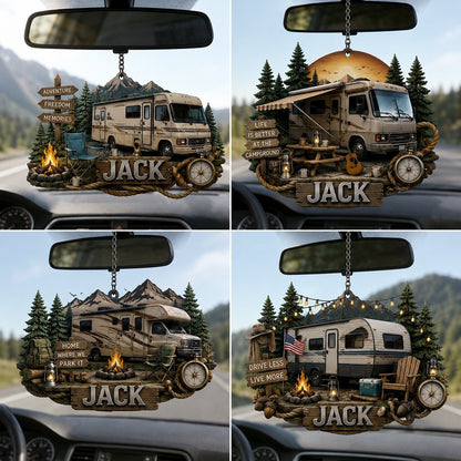 Personalized RV Adventure Car Ornament – Custom Name 3D Effect Acrylic Rearview Mirror Hanging Pendant, Camper Gift