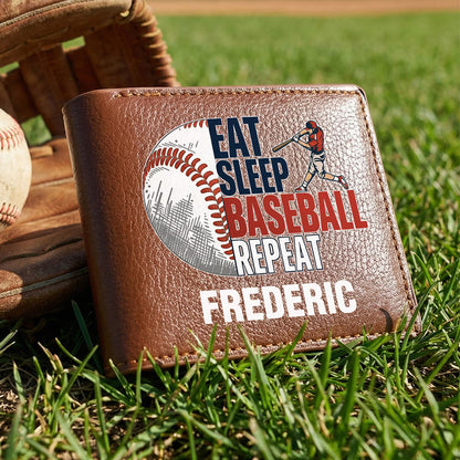 Personalised Eat Sleep Baseball Repeat PU Leather Men's Wallet with Name Father's Day Birthday Gift for Baseball Players Lovers