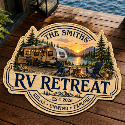 Personalized RV Retreat Custom-Shaped Doormat – Family Name Camper Welcome Mat, Camping Gift for RV Lovers