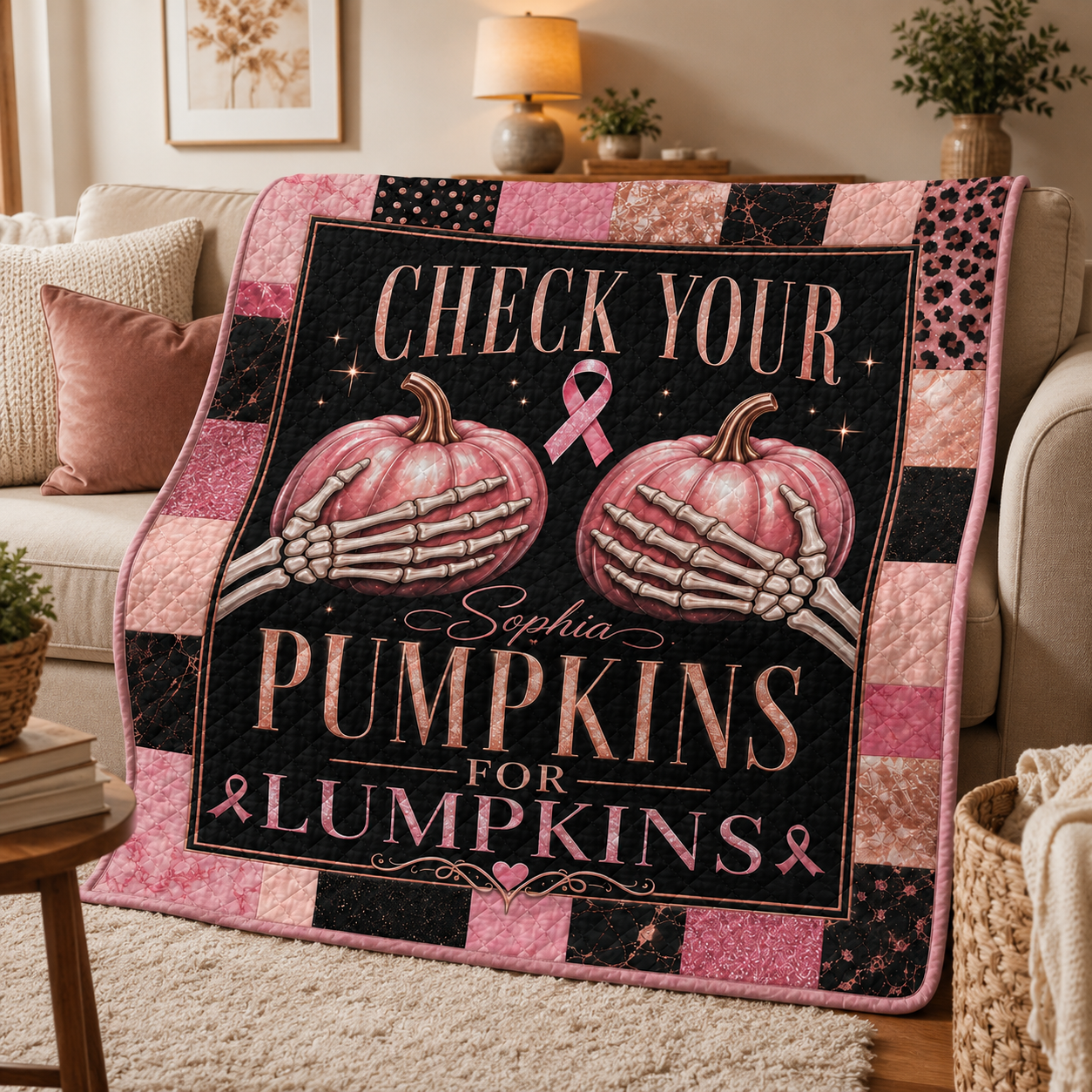 Custom Check Your Pumpkins Quilt Breast Cancer