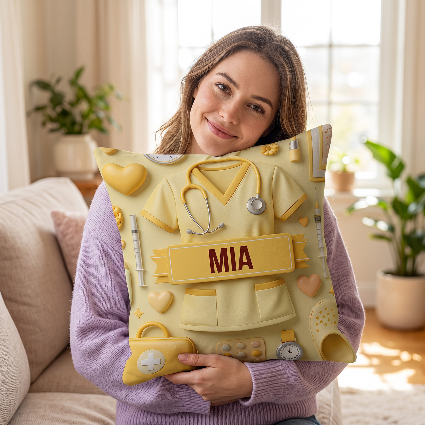 Personalized Nurse & Doctor Throw Pillow - 3D Medical Scrub Design Custom Name