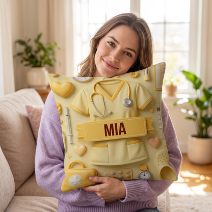 Personalized Nurse & Doctor Throw Pillow - 3D Medical Scrub Design Custom Name