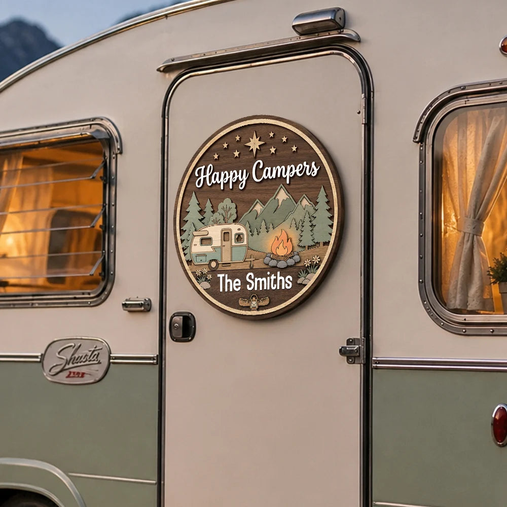Happy Campers Family Camping - Personalized Wooden Round Sign