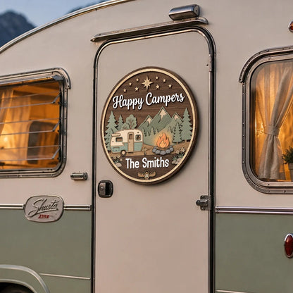 Happy Campers Family Camping - Personalized Wooden Round Sign