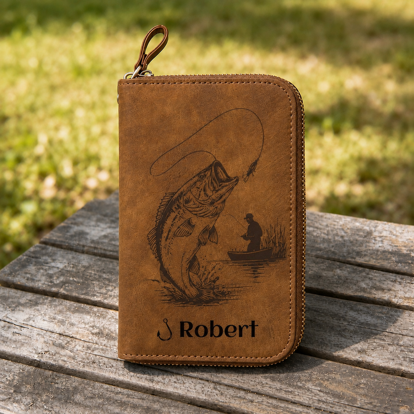 Personalized Leather Fishing Lure Storage Wallet – Custom Name Tackle Organizer Bag for Fishermen