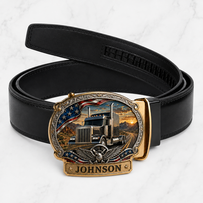 Personalized American Trucker Leather Ratchet Belt – Custom Name Truck Buckle Belt for Men