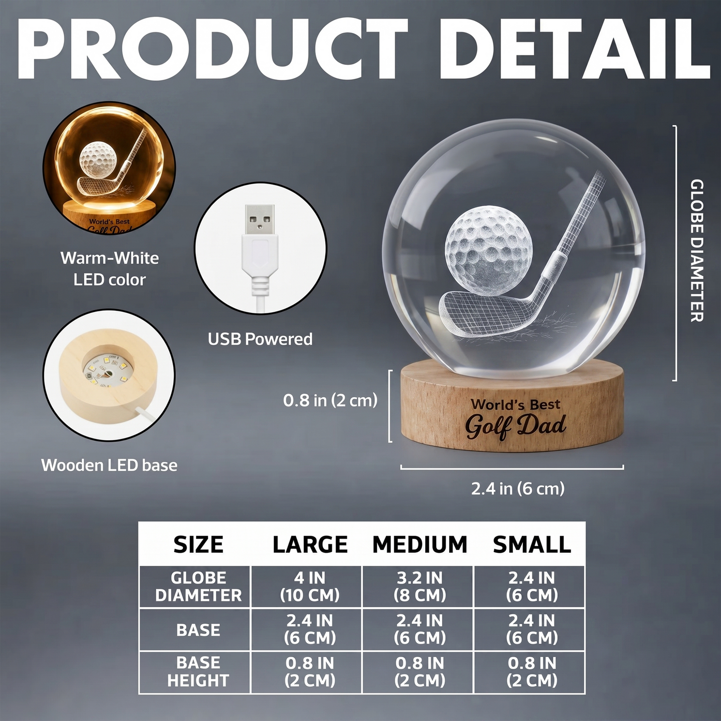 Globe Lamp Golf Crystal Ball Night Light, Warm Glow Golf Scene, Unique Gift for Best Dad