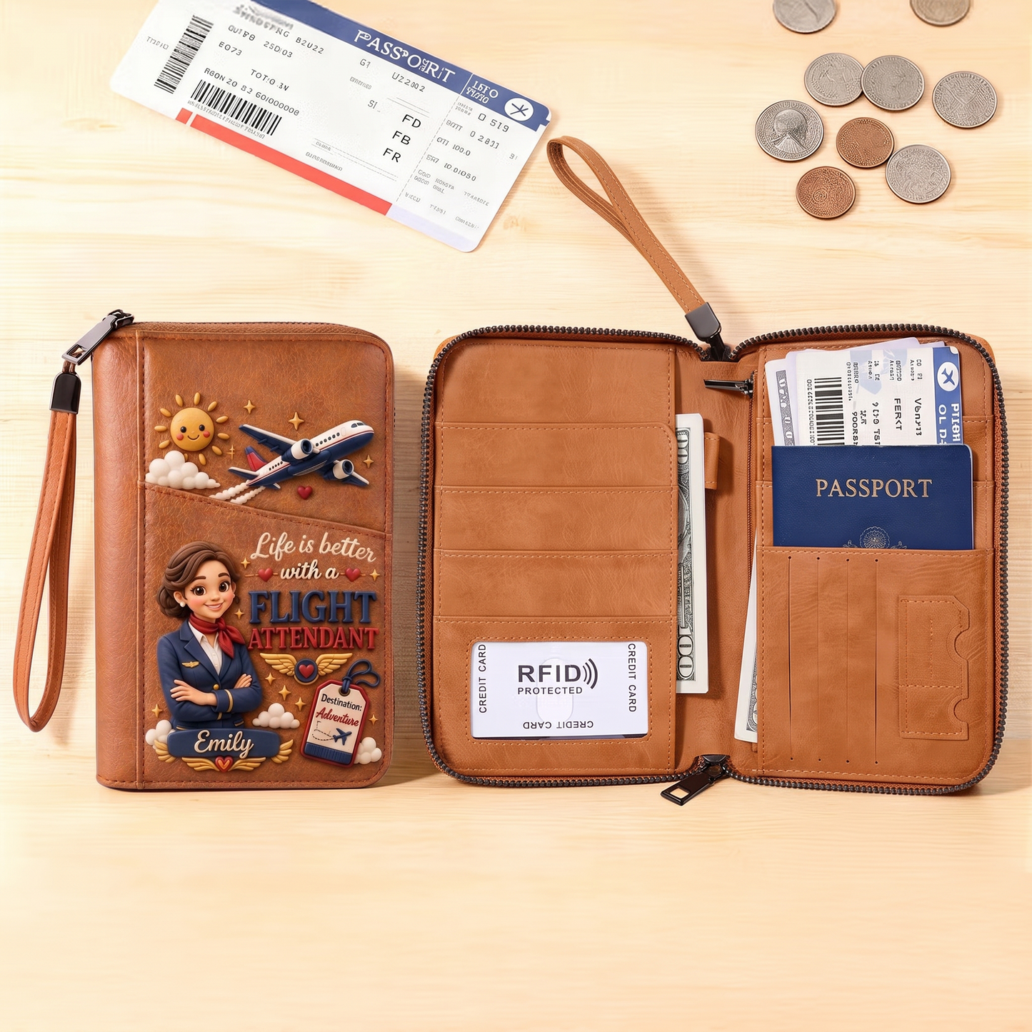 Personalized Flight Attendant Travel Wallet – Custom Name Passport & Document Organizer, Aviation-Themed Gift for Cabin Crew