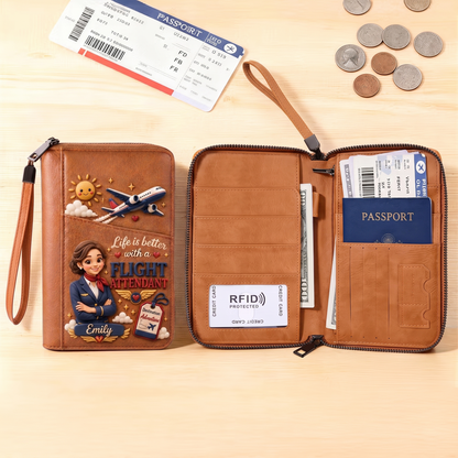 Personalized Flight Attendant Travel Wallet – Custom Name Passport & Document Organizer, Aviation-Themed Gift for Cabin Crew