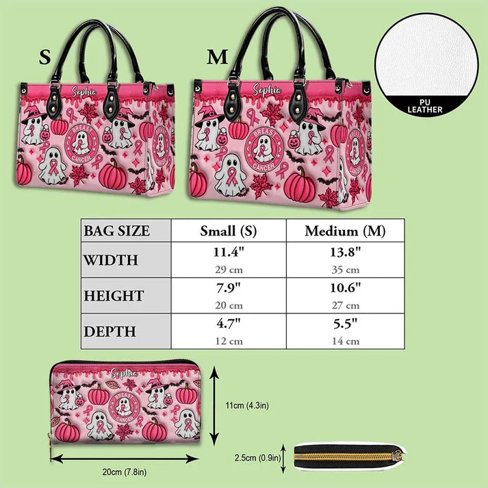 Custom Name Spooky Breast Cancer Awareness Ghost - Personalized 3D Inflated Leather PU Handbag