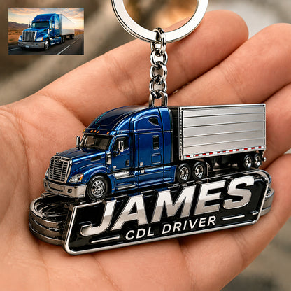 Custom Photo Truck Driver Keychain – Personalized CDL Driver Gift for Dad, Husband & Trucker