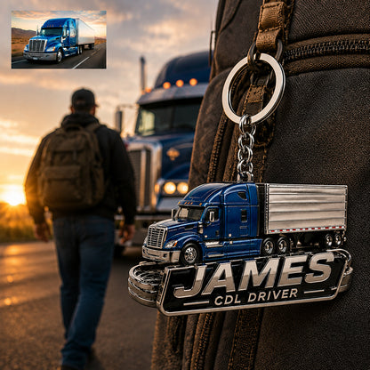 Custom Photo Truck Driver Keychain – Personalized CDL Driver Gift for Dad, Husband & Trucker