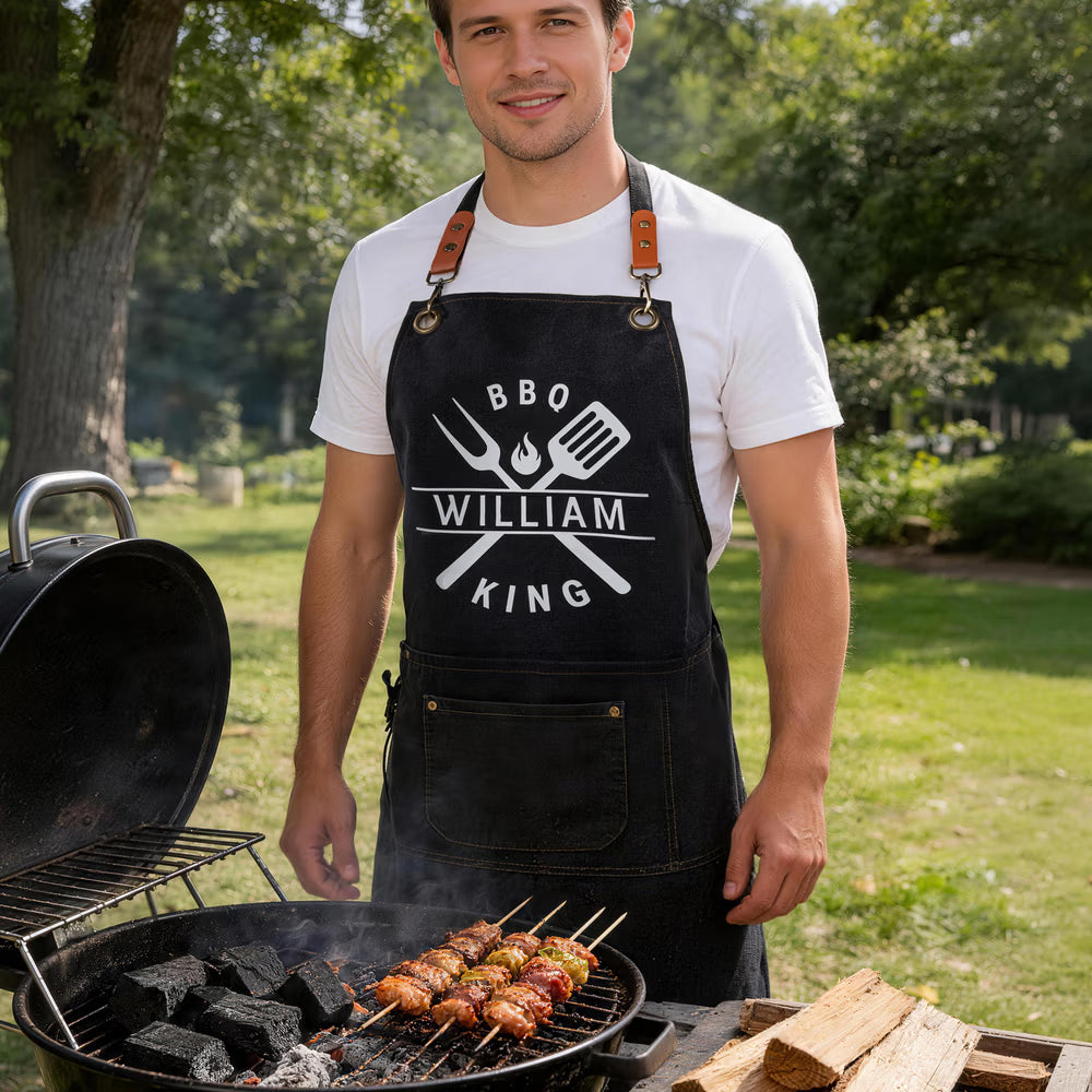 Personalised BBQ King Canvas Apron with Name and Pocket Kitchen Accessory Father's Day Birthday Anniversary Gift for Dad Husband Cooking Lover