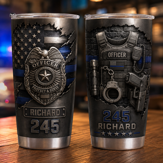 Personalized Police Officer Tumbler – Custom Name & Badge Number 20oz/30oz Stainless Steel Travel Cup, Protect & Serve Gift for Law Enforcement