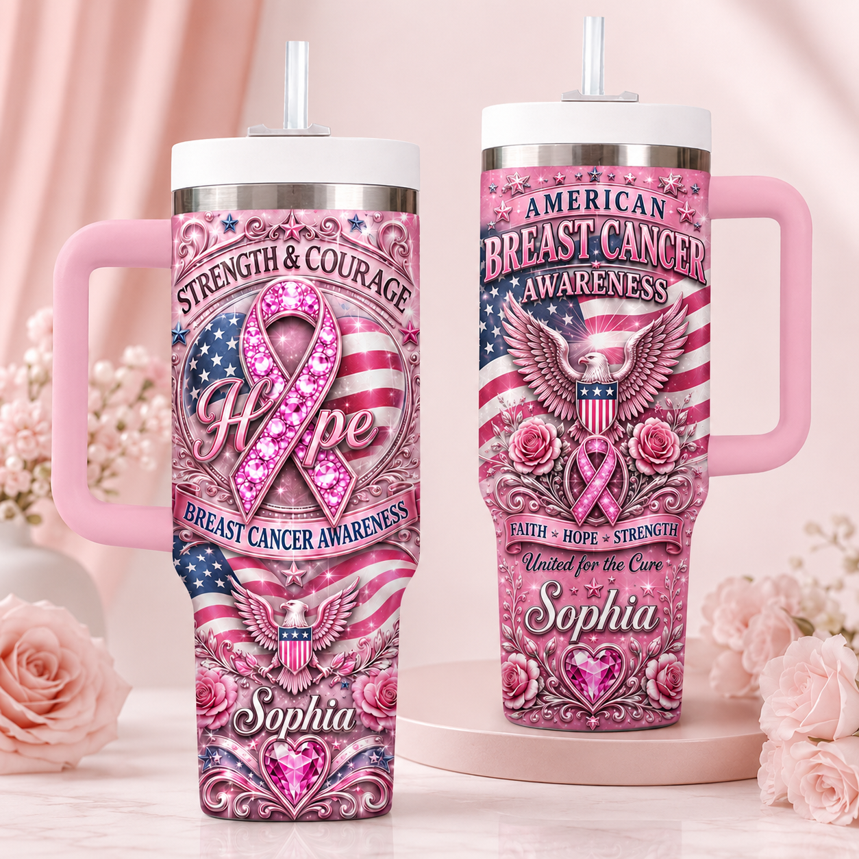 Personalized American Breast Cancer Awareness 40oz Tumbler With Straw – Strength, Hope & Courage Gift