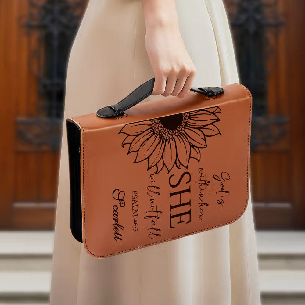 Personalized Sunflower PU Leather Bible Cover with Carry Handle and Name Prayer Baptism Religious Gift for Christians