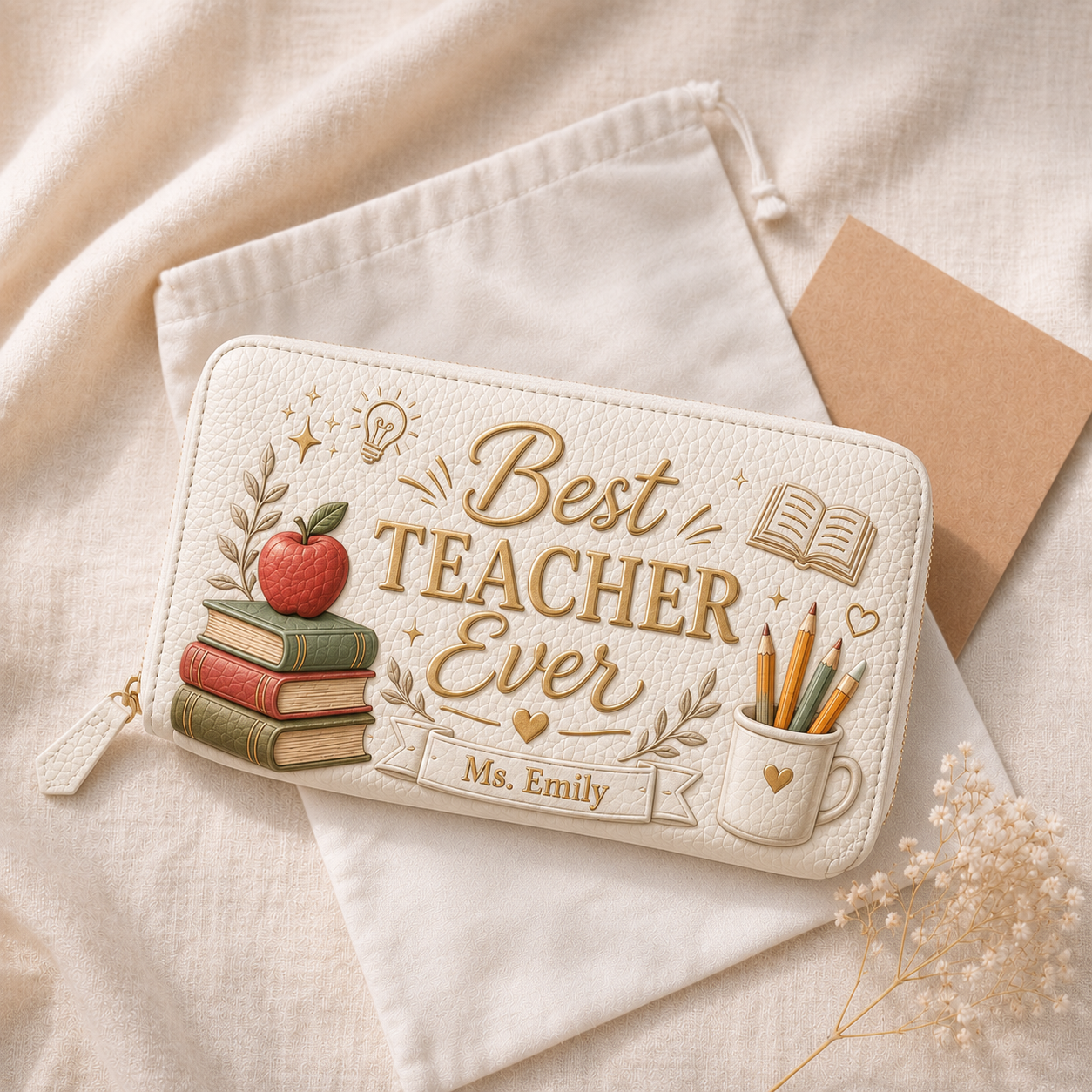 Personalized Best Teacher Ever Genuine Leather Clutch Wallet – Custom Teacher Name Embossed Style Pebbled Leather Wallet Gift