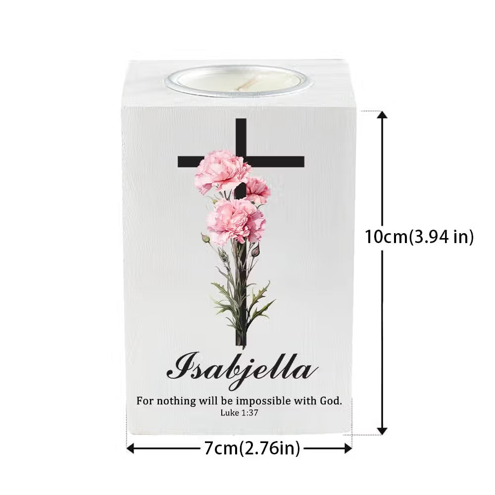 Personalized Birth Flower Cross Bible Verse Wooden Candle Holder with Name Birthday Baptism Gift for Christians
