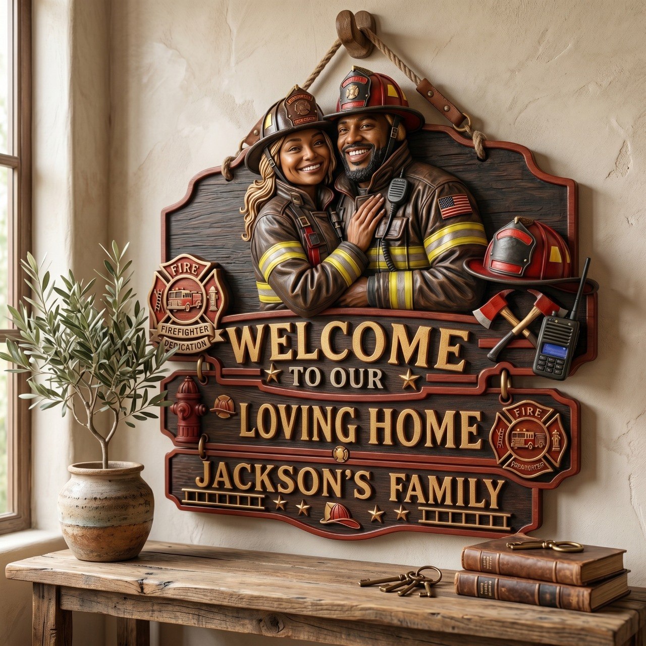 Personalized Firefighter Welcome To Our Loving Home Pallet Wood Sign – Custom Photo Rustic Wall Decor