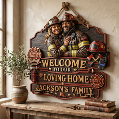 Personalized Firefighter Welcome To Our Loving Home Pallet Wood Sign – Custom Photo Rustic Wall Decor