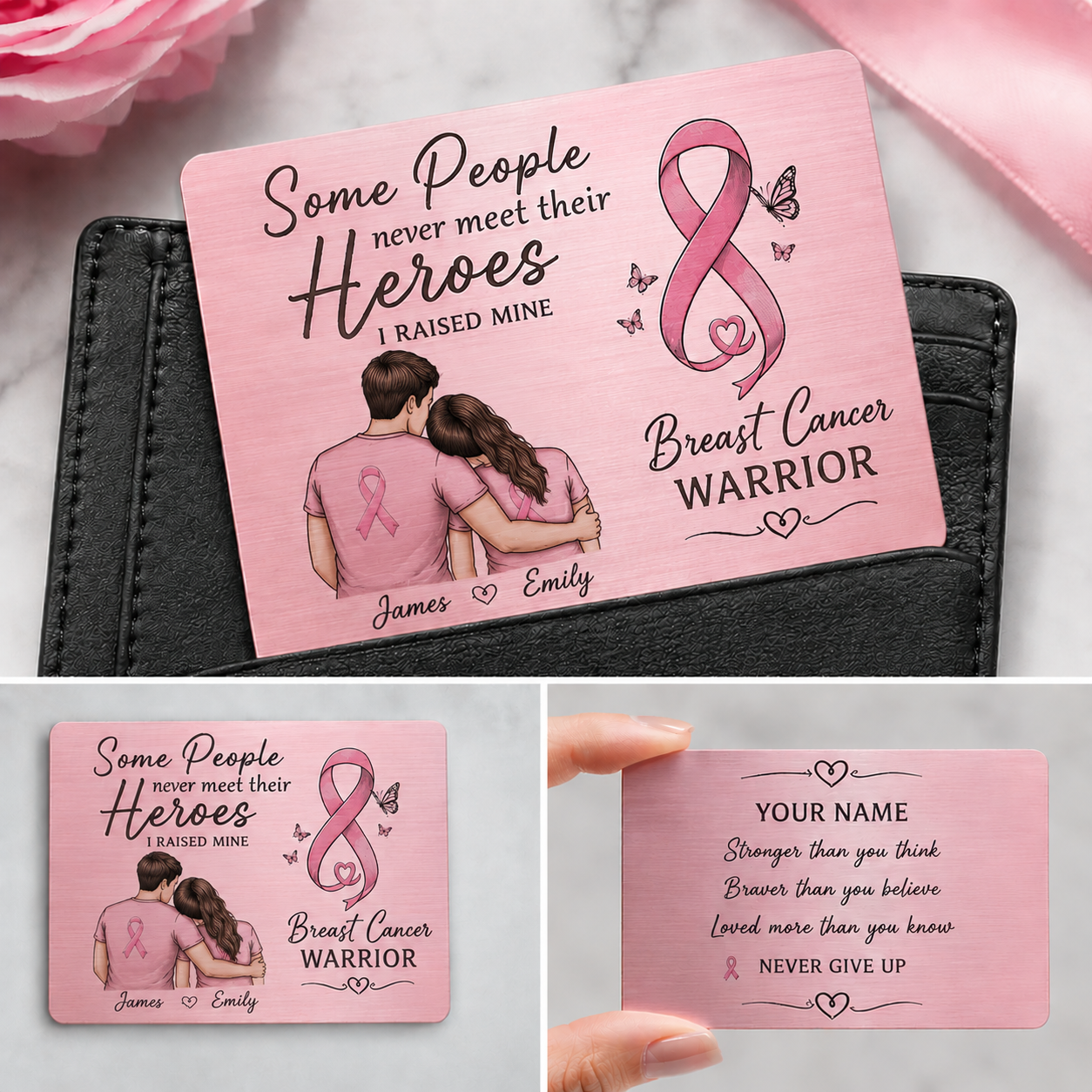 Personalized Breast Cancer Metal Wallet Card – Custom Name Stainless Steel Encouragement Card, Cancer Survivor Gift, Chemo Support Gift for Friend, Mom, Wife