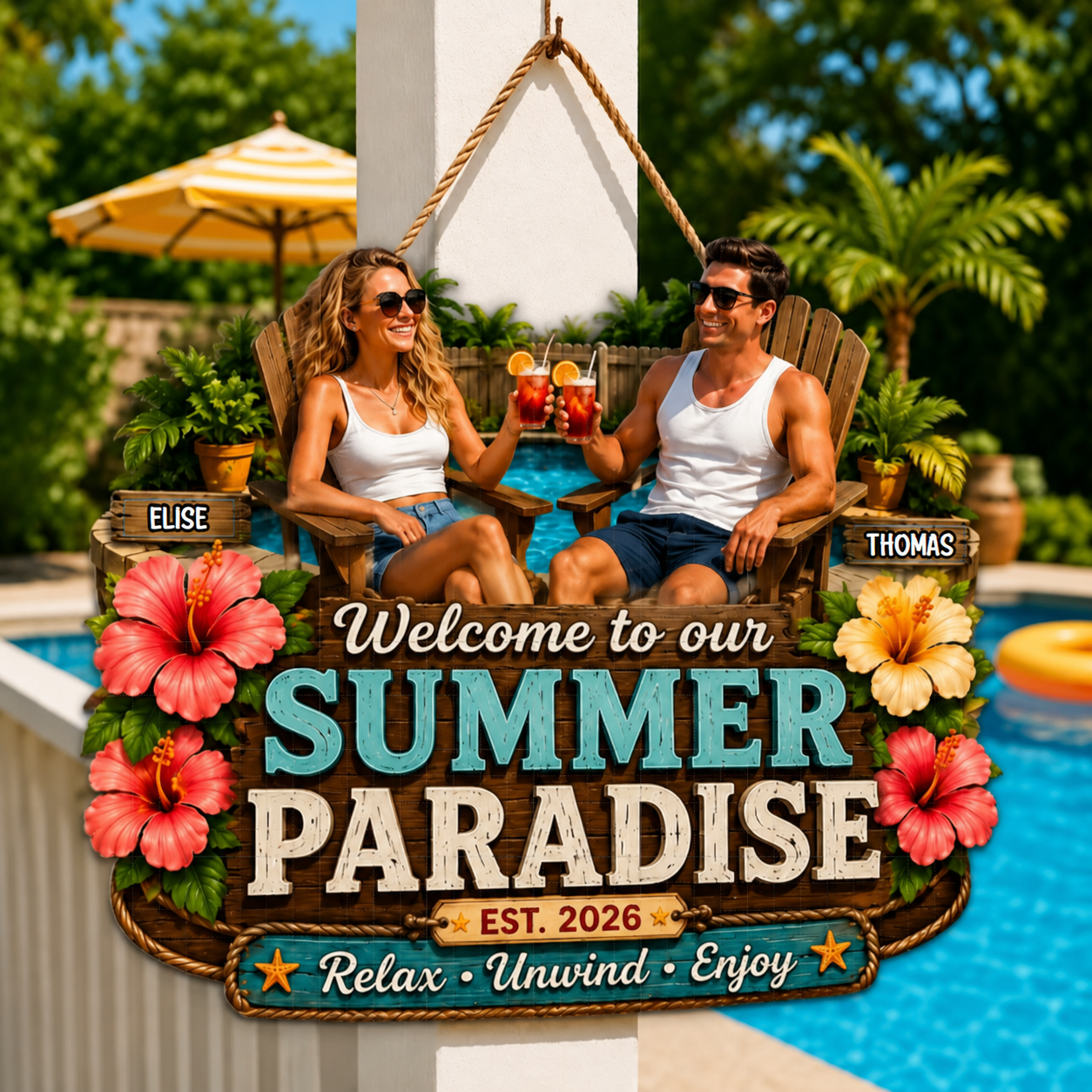 Summer Vibe Welcome To Our Poolside Paradise - Personalized Wood Sign - Gift For Couple, Summer Porch, Patio, Bar Decoration