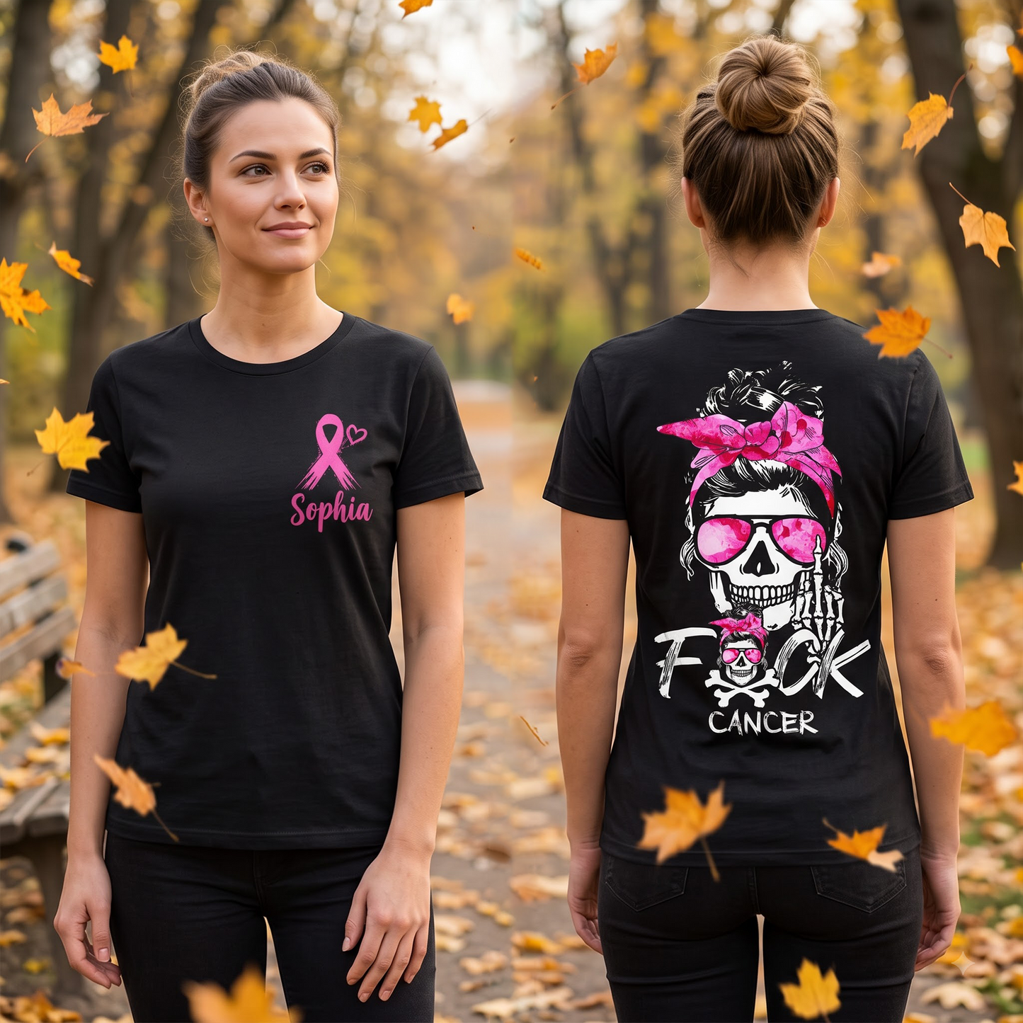 Personalized Breast Cancer Awareness T-Shirt, Custom Name Pink Ribbon Skull Graphic Shirt, Cancer Warrior Support Gift for Women