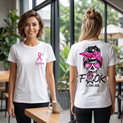 Personalized Breast Cancer Awareness T-Shirt, Custom Name Pink Ribbon Skull Graphic Shirt, Cancer Warrior Support Gift for Women