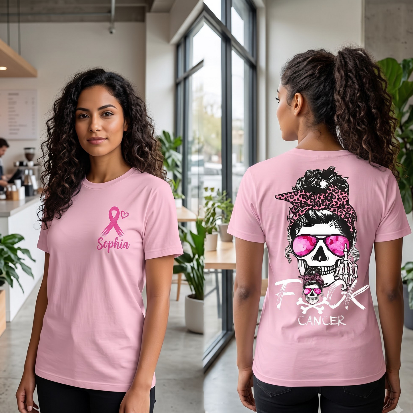 Personalized Breast Cancer Awareness T-Shirt, Custom Name Pink Ribbon Skull Graphic Shirt, Cancer Warrior Support Gift for Women