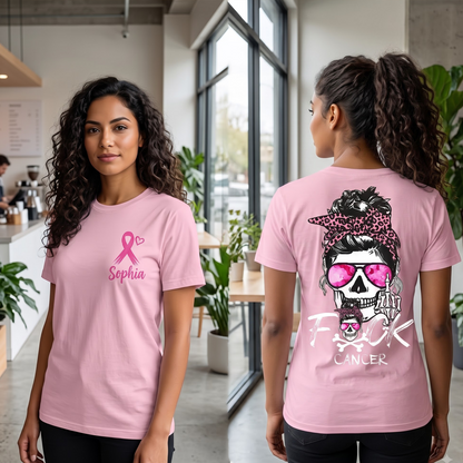 Personalized Breast Cancer Awareness T-Shirt, Custom Name Pink Ribbon Skull Graphic Shirt, Cancer Warrior Support Gift for Women