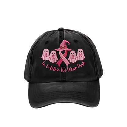 Custom Breast Cancer Distressed Washed Cotton Printed Hat , In October We Wear Pink Ghost Hat, Cancer Support Hat, Cancer Fighter Gifts