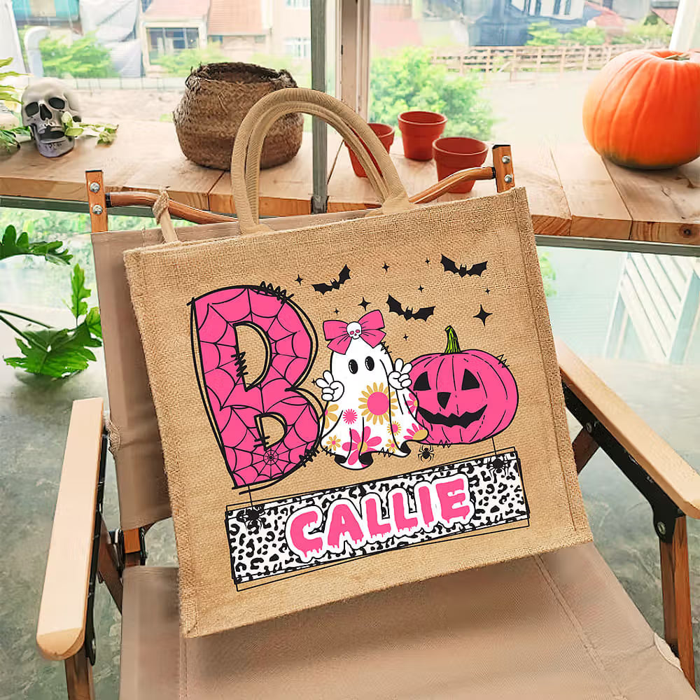 Personalized Playful Ghost Pumpkin Bat Large Jute Tote Bag with Name Halloween Trick or Treat Gift for Kid Boy Girl