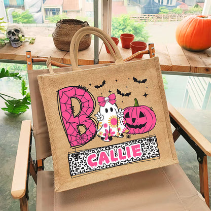 Personalized Playful Ghost Pumpkin Bat Large Jute Tote Bag with Name Halloween Trick or Treat Gift for Kid Boy Girl