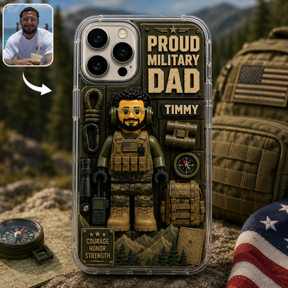 Personalized Proud Military Dad Phone Case – Custom Photo & Name Tactical 3D Style Clear Protective Phone Case for iPhone