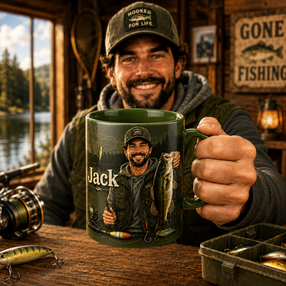 Custom Fishing Photo Mug – Personalized Angler Name Ceramic Coffee Mug Gift For Fishing Lovers