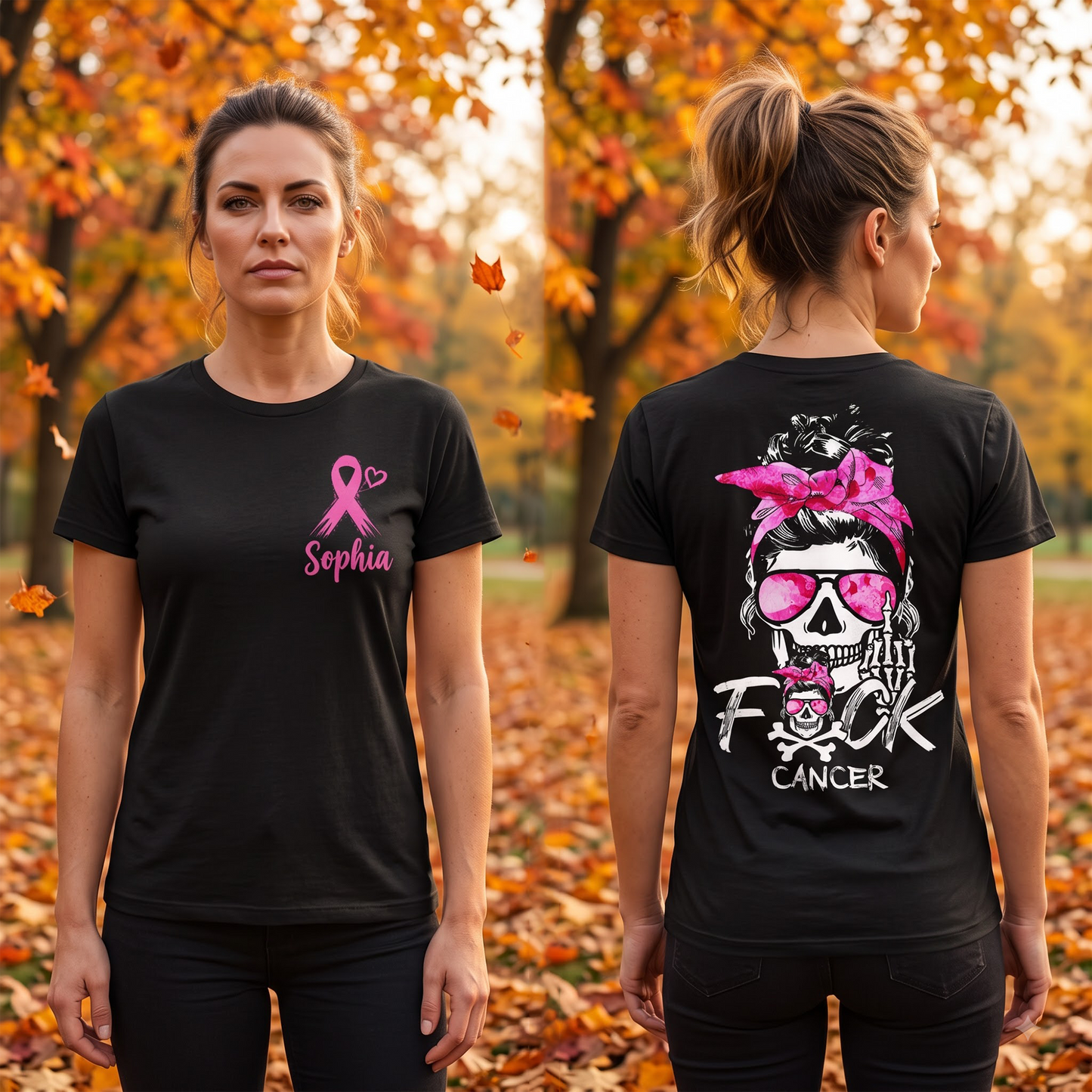 Personalized Breast Cancer Awareness T-Shirt, Custom Name Pink Ribbon Skull Graphic Shirt, Cancer Warrior Support Gift for Women