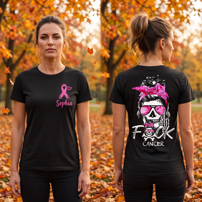 Personalized Breast Cancer Awareness T-Shirt, Custom Name Pink Ribbon Skull Graphic Shirt, Cancer Warrior Support Gift for Women