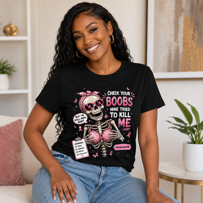 Personalized Check Your Boobs Breast Cancer Awareness T-Shirt – Funny Survivor Support Tee With Custom Name