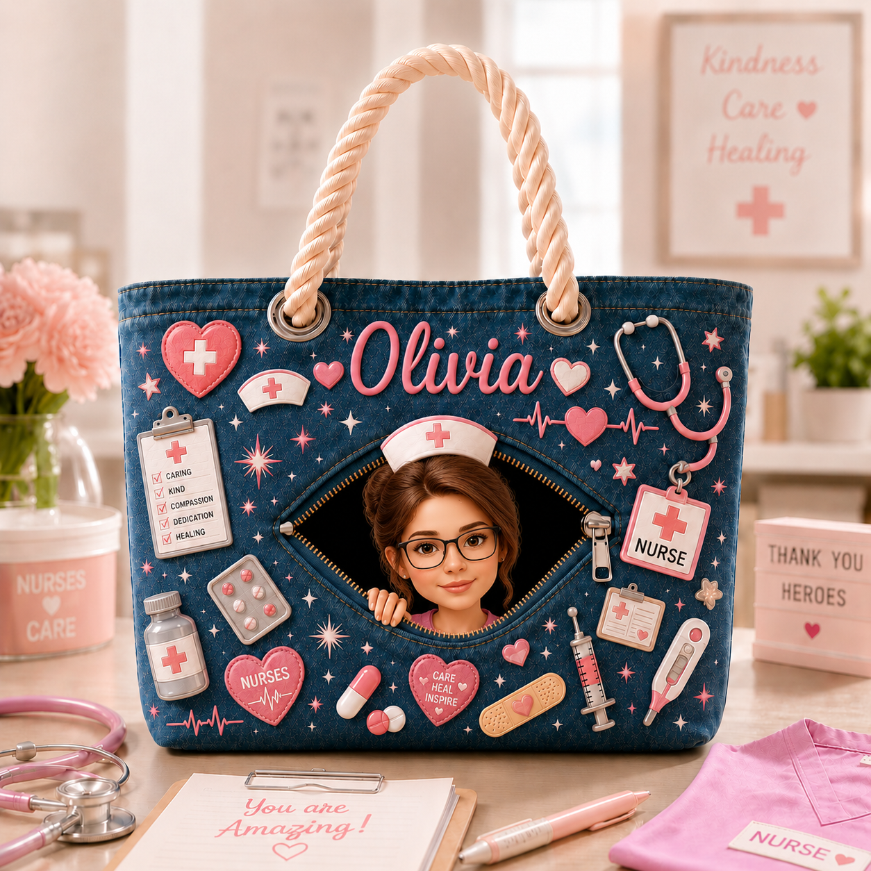 Personalized Nurse Bag – Custom Name & Photo Tote Bag With Cute Medical Design