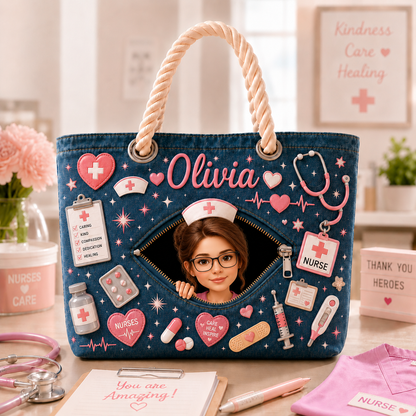 Personalized Nurse Bag – Custom Name & Photo Tote Bag With Cute Medical Design