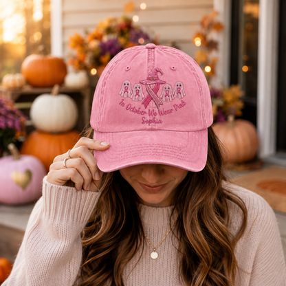 Custom Breast Cancer Distressed Washed Cotton Printed Hat , In October We Wear Pink Ghost Hat, Cancer Support Hat, Cancer Fighter Gifts