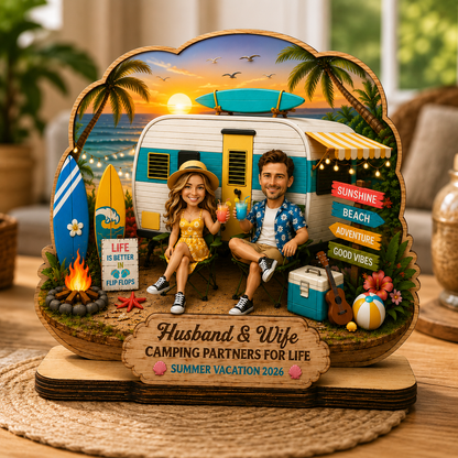 Couple Summer Vacation Beach Camping - Personalized Wood Sign - Gift For Couple, Campers, Outdoor Campsite Decor
